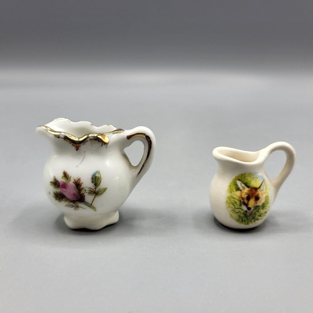 Vtg Miniature Porcelain Pitcher Set of 2 Floral & Fox Designs Doll House Decor